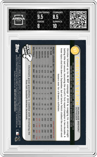 Christian Yelich from the 2020 Topps Big League set graded by Arena Club and given an overall grade of 8.5.