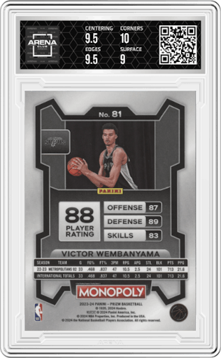 Victor Wembanyama from the 2023-24 Panini Prizm Monopoly set graded by Arena Club and given an overall grade of 9.5.