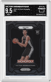 Victor Wembanyama from the 2023-24 Panini Prizm Monopoly set graded by Arena Club and given an overall grade of 9.5.