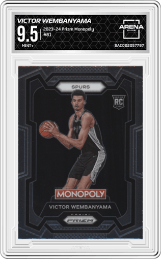 Victor Wembanyama from the 2023-24 Panini Prizm Monopoly set graded by Arena Club and given an overall grade of 9.5.