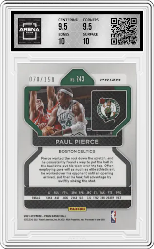 Paul Pierce from the 2021-22 Panini Prizm  set featuring a Fast Break Blue parallel graded by Arena Club and given an overall grade of 10.