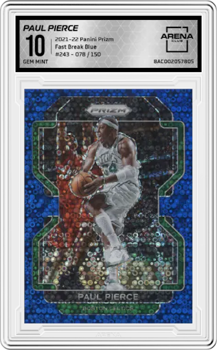 Paul Pierce from the 2021-22 Panini Prizm  set featuring a Fast Break Blue parallel graded by Arena Club and given an overall grade of 10.
