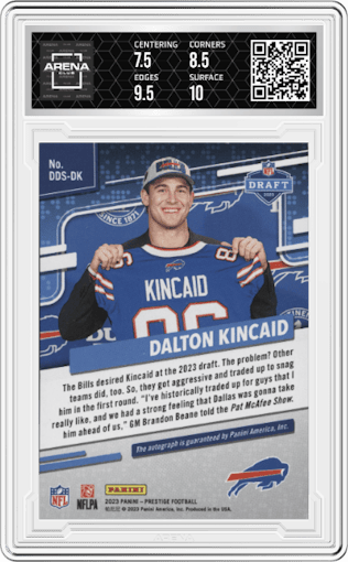 Dalton Kincaid from the 2023 Panini Prestige set graded by Arena Club and given an overall grade of 8.