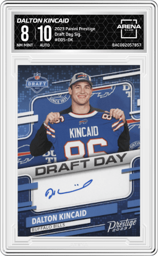 Dalton Kincaid from the 2023 Panini Prestige set graded by Arena Club and given an overall grade of 8.