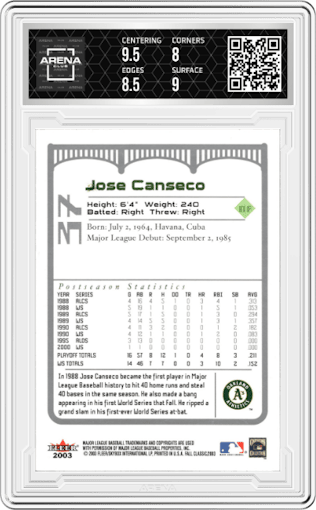 Jose Canseco from the 2003 Fleer Fall Classic  set graded by Arena Club and given an overall grade of 8.5.