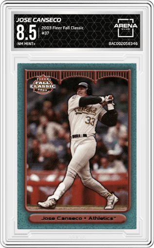 Jose Canseco from the 2003 Fleer Fall Classic  set graded by Arena Club and given an overall grade of 8.5.