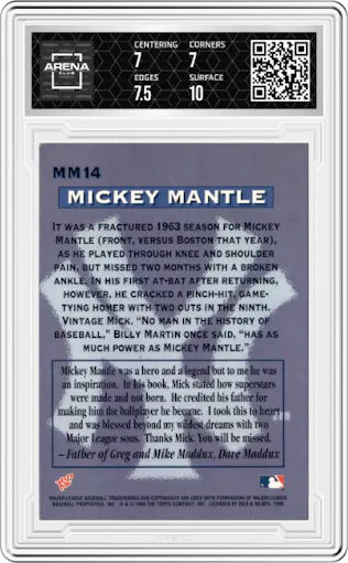 Mickey Mantle from the 1996 Topps Stadium Club set graded by Arena Club and given an overall grade of 7.5.
