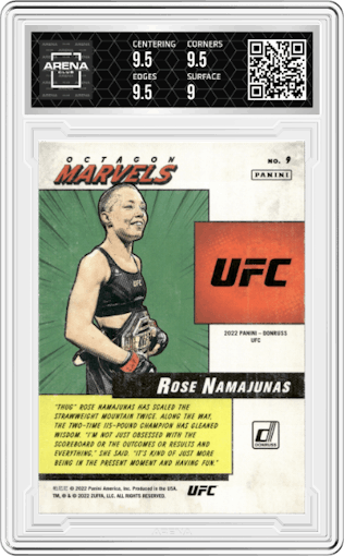 Rose Namajunas from the 2022 Panini Donruss UFC set featuring a Green Flood parallel graded by Arena Club and given an overall grade of 9.5.
