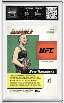 Rose Namajunas from the 2022 Panini Donruss UFC set featuring a Green Flood parallel graded by Arena Club and given an overall grade of 9.5.