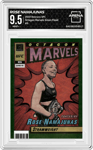 Rose Namajunas from the 2022 Panini Donruss UFC set featuring a Green Flood parallel graded by Arena Club and given an overall grade of 9.5.