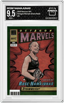 Rose Namajunas from the 2022 Panini Donruss UFC set featuring a Green Flood parallel graded by Arena Club and given an overall grade of 9.5.