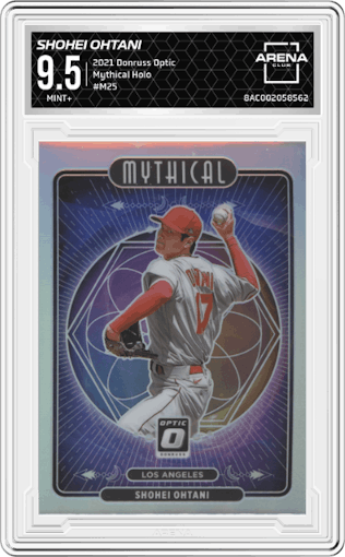 Shohei Ohtani from the 2021 Panini Donruss Optic set featuring a Holo parallel graded by Arena Club and given an overall grade of 9.5.
