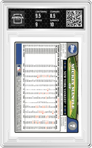 Mickey Mantle from the 2008 Topps set featuring a Gold Foil parallel graded by Arena Club and given an overall grade of 9.