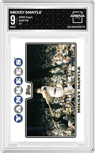 Mickey Mantle from the 2008 Topps set featuring a Gold Foil parallel graded by Arena Club and given an overall grade of 9.