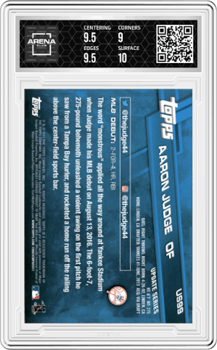 Aaron Judge from the 2017 Topps Update set graded by Arena Club and given an overall grade of 9.5.