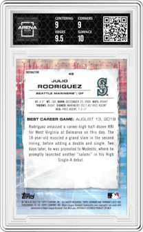 Julio Rodriguez from the 2021 Bowman’s Best set featuring a Refractor parallel graded by Arena Club and given an overall grade of 9.5.