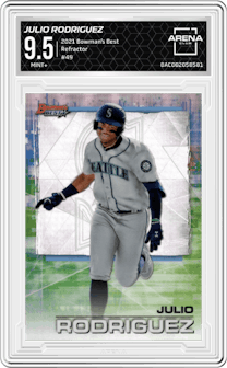 Julio Rodriguez from the 2021 Bowman’s Best set featuring a Refractor parallel graded by Arena Club and given an overall grade of 9.5.