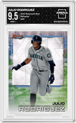 Julio Rodriguez from the 2021 Bowman’s Best set featuring a Refractor parallel graded by Arena Club and given an overall grade of 9.5.