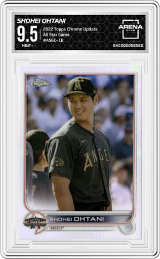 Shohei Ohtani from the 2022 Topps Chrome Update set graded by Arena Club and given an overall grade of 9.5.