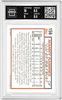 Manny Ramirez from the 1992 Topps set graded by Arena Club and given an overall grade of 9.