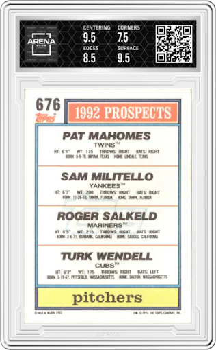 Pat Mahomes/Sam Militello/Roger Salkeld/Turk Wendell from the 1992 Topps set graded by Arena Club and given an overall grade of 8.