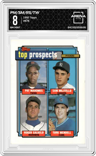 Pat Mahomes/Sam Militello/Roger Salkeld/Turk Wendell from the 1992 Topps set graded by Arena Club and given an overall grade of 8.