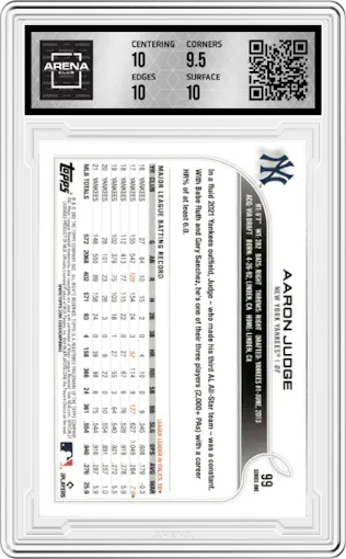Aaron Judge from the 2022 Topps  Series 1 set graded by Arena Club and given an overall grade of 10.