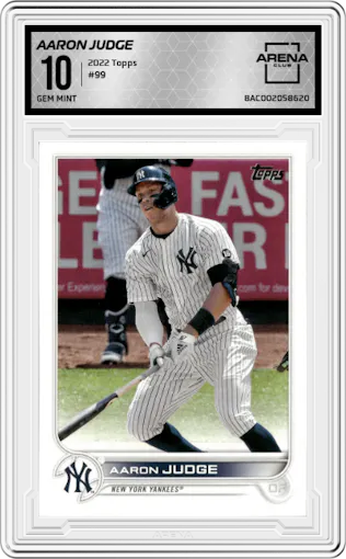 Aaron Judge from the 2022 Topps  Series 1 set graded by Arena Club and given an overall grade of 10.