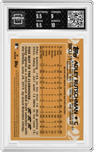 Adley Rutschman from the 2023 Topps Chrome Update set graded by Arena Club and given an overall grade of 9.5.