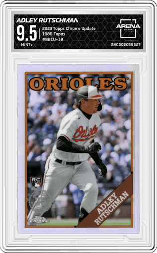 Adley Rutschman from the 2023 Topps Chrome Update set graded by Arena Club and given an overall grade of 9.5.