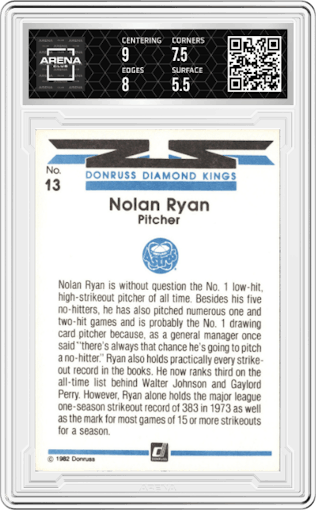 Nolan Ryan from the 1982 Donruss set graded by Arena Club and given an overall grade of 6.
