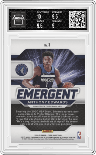Anthony Edwards from the 2020-21 Panini Prizm set graded by Arena Club and given an overall grade of 9.5.