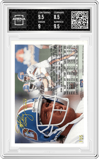 John Elway from the 1994 Fleer set graded by Arena Club and given an overall grade of 9.