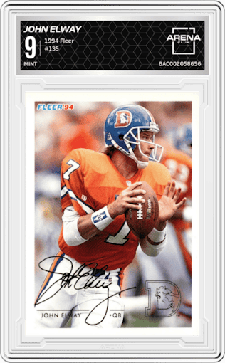 John Elway from the 1994 Fleer set graded by Arena Club and given an overall grade of 9.