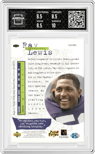 Ray Lewis from the 1996 UD Collector's Choice Update set graded by Arena Club and given an overall grade of 9.