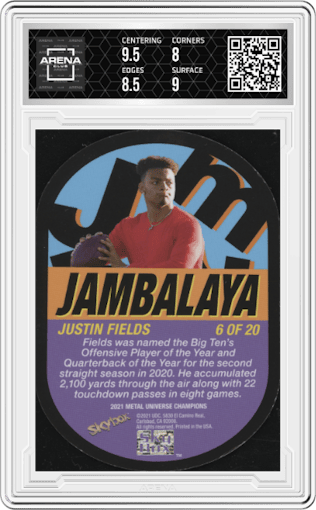 Justin Fields from the 2021 Skybox Metal Universe Champions set graded by Arena Club and given an overall grade of 8.5.