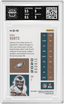 Jalen Hurts from the 2020 Panini Chronicles set graded by Arena Club and given an overall grade of 9.