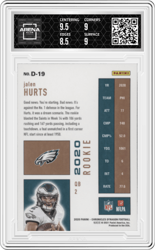 Jalen Hurts from the 2020 Panini Chronicles set graded by Arena Club and given an overall grade of 9.