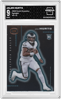 Jalen Hurts from the 2020 Panini Chronicles set graded by Arena Club and given an overall grade of 9.