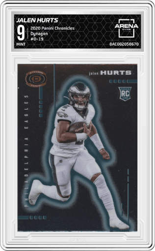 Jalen Hurts from the 2020 Panini Chronicles set graded by Arena Club and given an overall grade of 9.