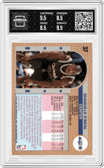 Shaquille O'Neal from the 1992-93 Fleer Drake's set graded by Arena Club and given an overall grade of 9.