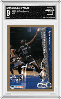 Shaquille O'Neal from the 1992-93 Fleer Drake's set graded by Arena Club and given an overall grade of 9.