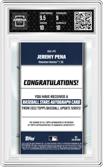 Jeremy Pena from the 2022 Topps Update  set featuring a Black parallel graded by Arena Club and given an overall grade of 9.5.