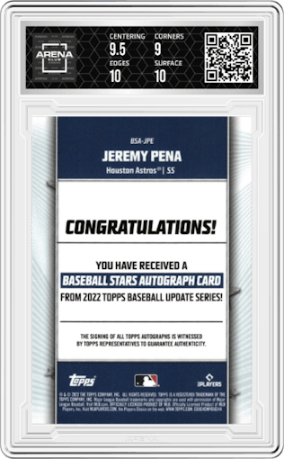 Jeremy Pena from the 2022 Topps Update  set featuring a Black parallel graded by Arena Club and given an overall grade of 9.5.