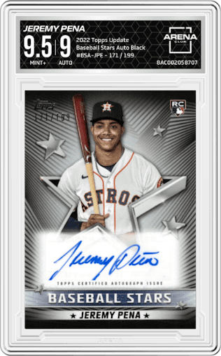 Jeremy Pena from the 2022 Topps Update  set featuring a Black parallel graded by Arena Club and given an overall grade of 9.5.