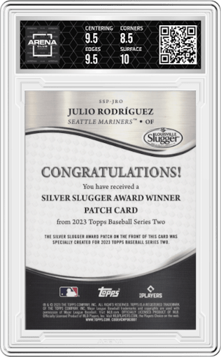 Julio Rodríguez from the 2023 Topps Series 2 set featuring a Black parallel graded by Arena Club and given an overall grade of 9.