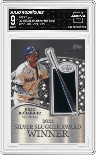 Julio Rodríguez from the 2023 Topps Series 2 set featuring a Black parallel graded by Arena Club and given an overall grade of 9.