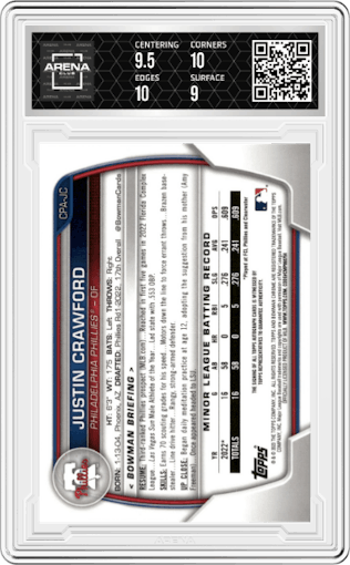Justin Crawford from the 2023 Bowman  set featuring a Blue Lunar Crater Refractor parallel graded by Arena Club and given an overall grade of 9.5.