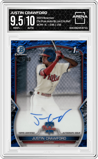 Justin Crawford from the 2023 Bowman  set featuring a Blue Lunar Crater Refractor parallel graded by Arena Club and given an overall grade of 9.5.
