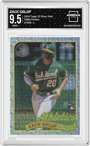 Zack Gelof from the 2024 Topps Series 1 Silver Pack set graded by Arena Club and given an overall grade of 9.5.